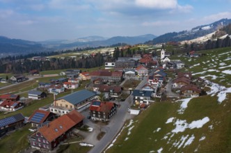 Drone image, residential buildings, settlement area, parish church, Riefensberg, Bregenzerwald,