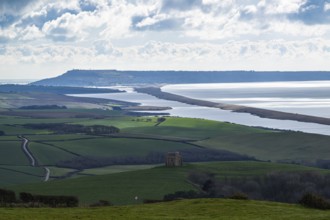 View of St. Catherine's Chapel and Swyre and West Bexington beach from a drone, Abbotsbury,