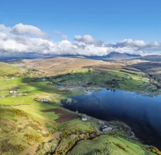 Panorama of Farms and Moors over Loch Harport from a drone, Drynoch, Isle of Skye, Highlands,