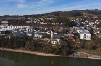 Drone image, housing estate, apartment blocks and high-rise estate, Puchenau, Linz Land district,