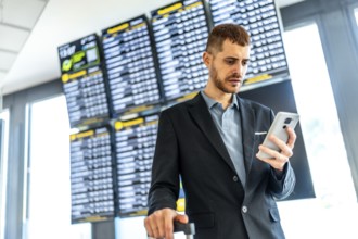 Businessman holding suitcase and using smartphone while checking flight schedule information on