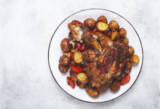 Pork knuckle baked with vegetables, new potatoes, on a white plate, homemade, no people