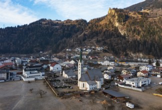Drone shot, view of village with parish church, Prutz, Kaunertal, Inntal, Tyrol, Austria