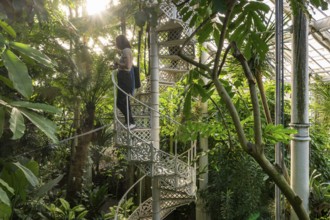 Woman standing on a decorative spiral staircase made of cast iron in a light-flooded tropical