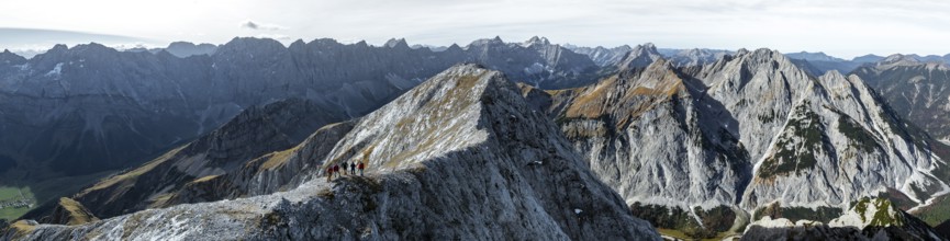 Hikers on the Gamsjoch, aerial view, Alpine panorama of the Gamsjoch group, Eng valley, Karvendel,