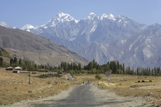 Snow covered mountain peaks of the Pamir Mountains, Pamirs and the Pamir Highway, M41 in the