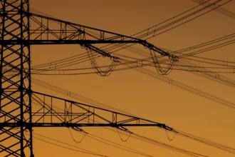 Power line, overhead line, power line, silhouette, sunset, Federal Republic of Germany