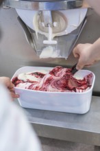 Ice cream is scraped out of a machine, reddish and white colours, preparation in a container, ice
