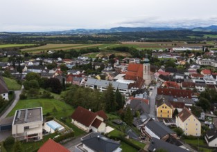 Drone image, view of village with parish church, Sierning, Traunviertel, Upper Austria, Austria