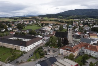 Drone image, view of village with parish church, Pettenbach, Traunviertel, Upper Austria, Austria