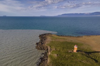 Drone picture, aerial view, lighthouse Hegranesviti, Hegranes, peninsula Landsendi, in the