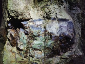 Green jasper with rock crystal in the visitor gallery of the Steinkaulenberg gemstone mines,