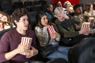 Young people and adults experiencing fear and suspense while watching a horror movie at the cinema,
