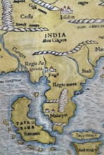 North India, Sumatra, Malaysia, detail, hand-coloured woodcut map from Sebastian Münster