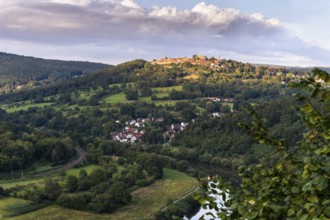 View of the historic Dilsberg castle fortress and the Neckar river in the Neckartal-Odenwald nature