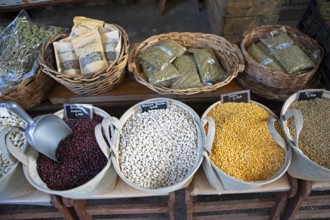 Pulses for sale in the mountain village of Vytina, highlands of Arcadia, Peloponnese, Greece