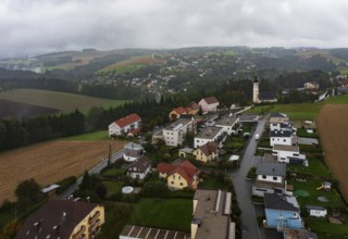 Drone image, residential buildings, view of village with church, Brunnenthal, Innviertel, Upper