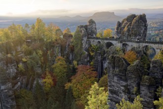 View from the Ferdinandstein to the Bastei Bridge and the rock castle Neurathen, Bastei, Lohmen,