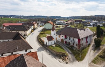 Drone shot, view of the village, village church of Unterweitersdorf, Mühlviertel, Upper Austria,