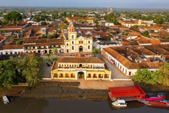 Aerial of La Inmaculada Concepcion church, Unesco world heritage site, Mompox, Colombia