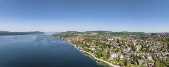 Aerial view, panorama of Überlingen on Lake Constance with the historic old town and the lakeside