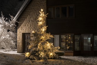 Illuminated Christmas tree in the snow, night shot Oberbärenburg, Erzgebirge, Altenberg, Saxony,