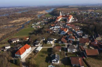 Drone shot, view of the village with Augustinian monastery Reichersberg, Reichersberg, Innviertel.