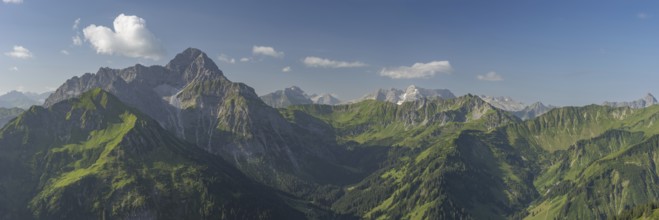 Panorama from Walmendinger Horn, 1990m, to Großer Widderstein, 2533m, and into Kleinwalsertal,
