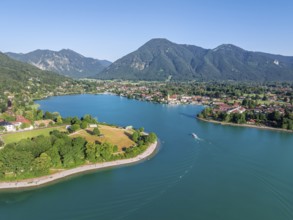 Ferry on the lake, view of Rottach-Egern and Wallberg, Tegernsee, aerial view, Tegernsee, Bavaria,