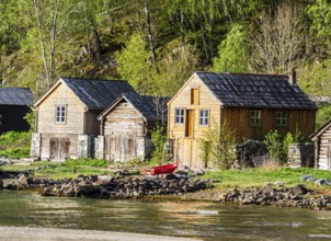 Boat houses at the Hardangerfjord, village Lofthus, Hardanger, Norway