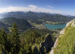 View from the Frauenkopf to Lake Fuschlsee, Osterhorn group, Salzkammergut, Salzburg province,