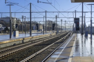 Empty train platform in the Gent-Sint-Pieters railway station in Ghent during NMBS-SNCB public