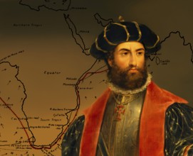 Map of the first voyage and portrait of Vasco da Gama, c. 1460s – 1524, Portuguese explorer,