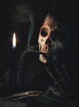 Bloodstained skull with cigarette and smoke next to a burning candle
