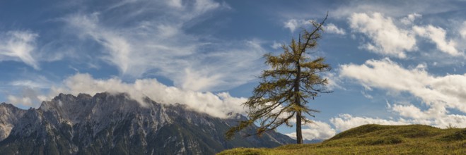 Panorama from Hoher Kranzberg, 1397m onto the cloudy Karwendel Mountains, Werdenfelser Land, Upper