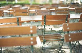Tables, chairs, empty, beer garden, Stuttgart, Baden-Württemberg, Germany