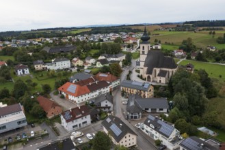 Drone shot, view of village with church, Eberstalzell, Traunviertel, Upper Austria, Austria