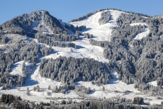 Snow-covered winter landscape, view of Bolsterlang and Bolsterlanger Horn with skiing area,