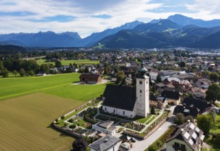 Drone image, view of village with parish church, Oberalm, Flachgau, Salzburg province, Austria