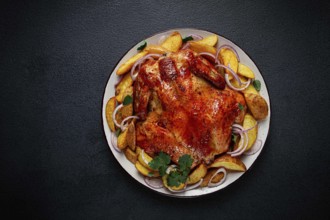 Fried, baked chicken, in the oven, with spices, and rustic potatoes, top view, homemade