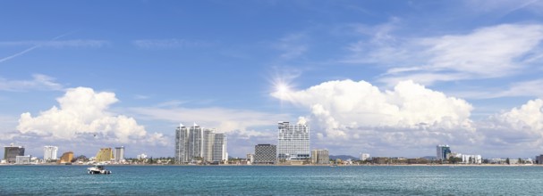 View from Deer Island, Isla de Venados, of famous Mazatlan sea promenade El Malecon, with ocean