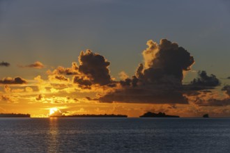 Sunset over islands of Palau, Republic of Palau, Bismarck Archipelago, Micronesia, Australia,
