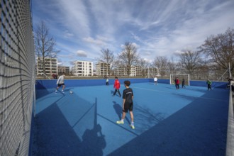 Small football pitch with safety nets on the site of the former Leighton Barracks of the Americans,