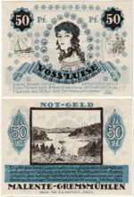 Banknote, emergency money, Malente-Gremsmühlen, 50 Pfennig, 1920, Germany, reproduction of a