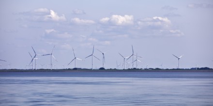Schleswig-Holstein Wadden Sea National Park with a view of wind turbines on the mainland, North
