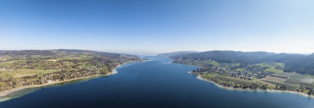 Aerial view, panorama of Lake Constance, Untersee, also known as Lake Rhine, which flows into the