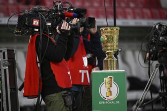 TV camera team films cup on podium, semi-final, DFB Cup, MHPArena, MHP Arena Stuttgart,
