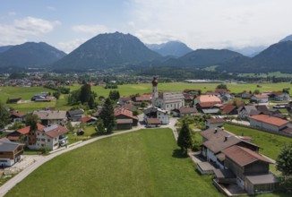 Drone image, view of the village with parish church, Wängle, Rettener Becken, Tyrol, Austria