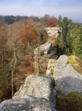 Großer Waldstein, view over rock formation and forest in autumn, Fichtelgebirge, Upper Franconia,