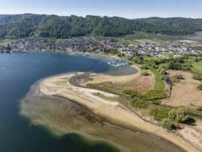 Aerial view of the mouth of the Stockacher Aach at low water, which flows into Lake Überlingen. The